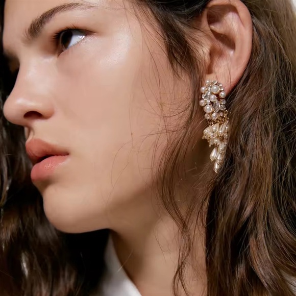 Zara Pearl Tassel Crystal Drop Earrings - Picture 2 of 6